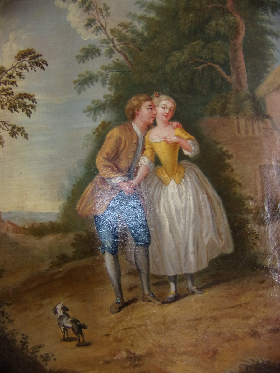 Scène Galante, Large Oil On Canvas From The 18th Century.-photo-2