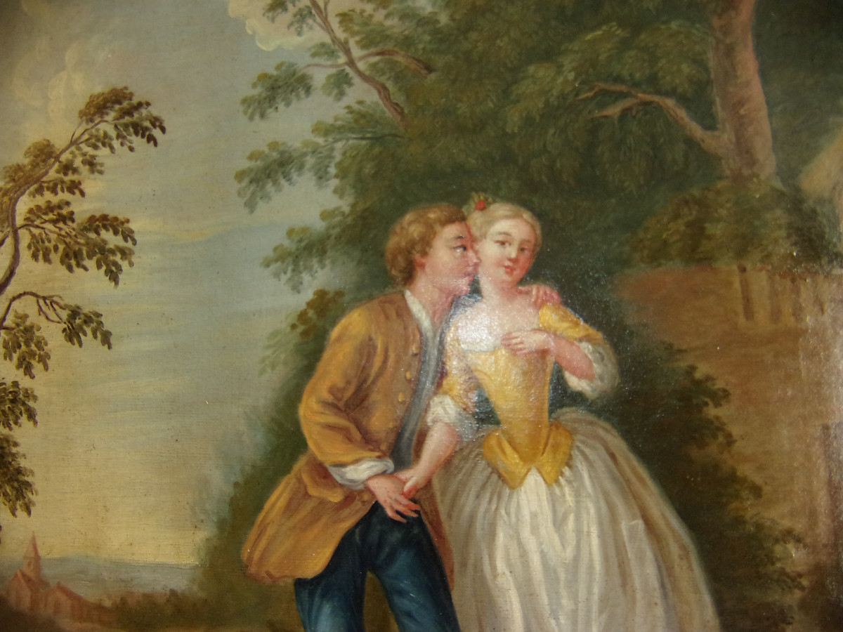 Scène Galante, Large Oil On Canvas From The 18th Century.-photo-3