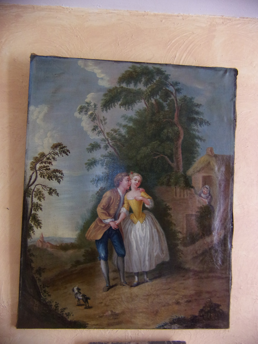 Scène Galante, Large Oil On Canvas From The 18th Century.