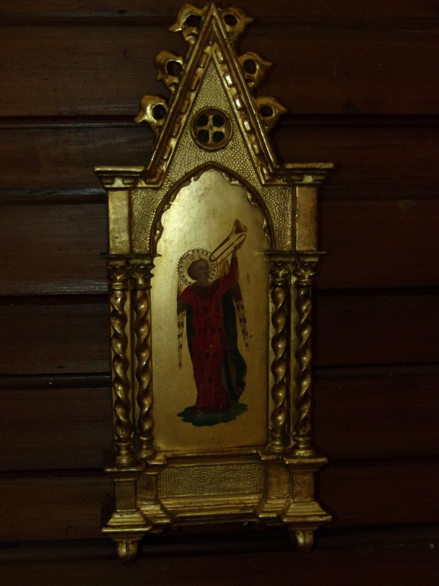 Little Angel Playing The Trumpet, Painting On Wood In A Gilded Frame, 19th Century.-photo-2