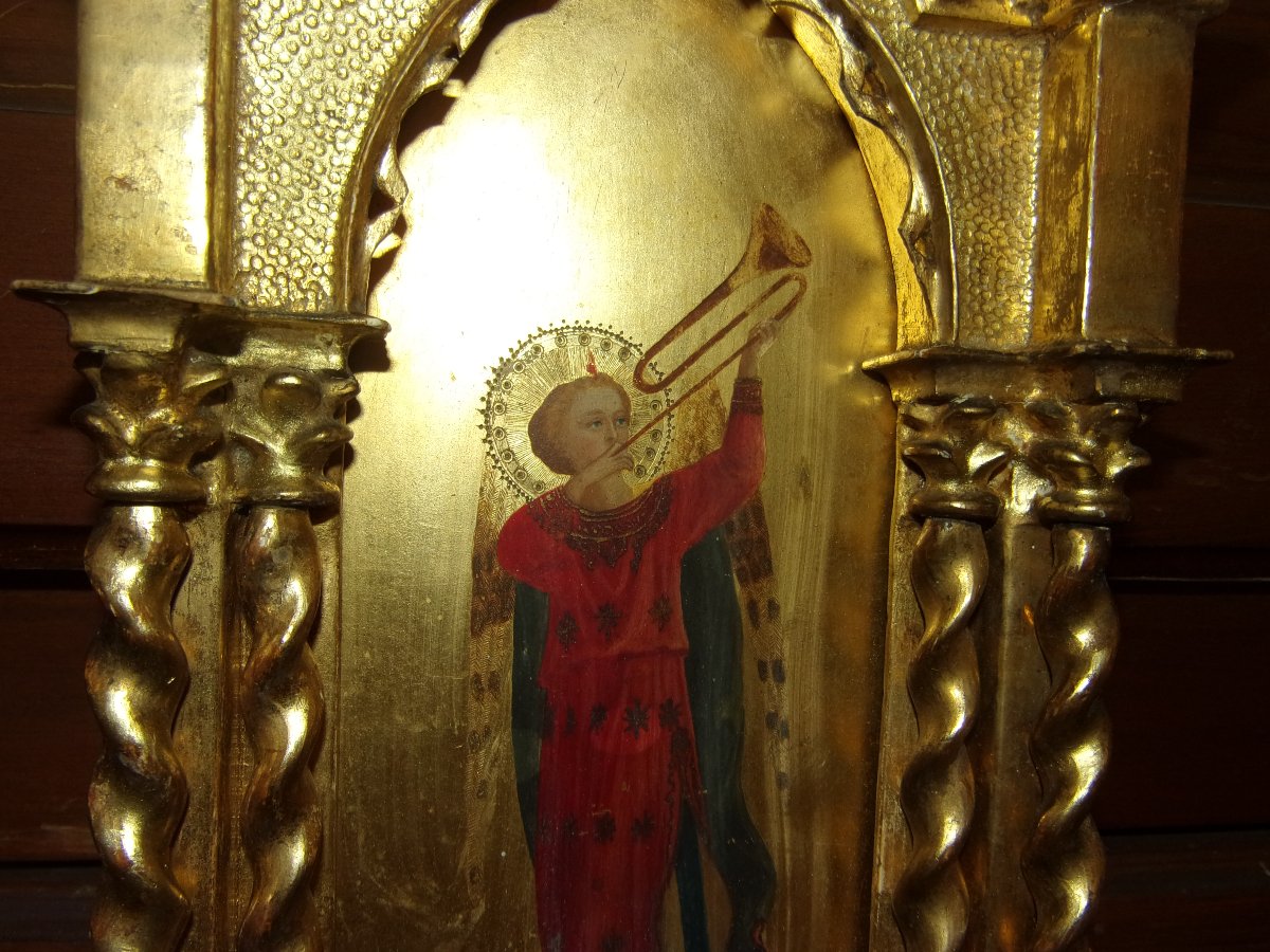 Little Angel Playing The Trumpet, Painting On Wood In A Gilded Frame, 19th Century.-photo-4