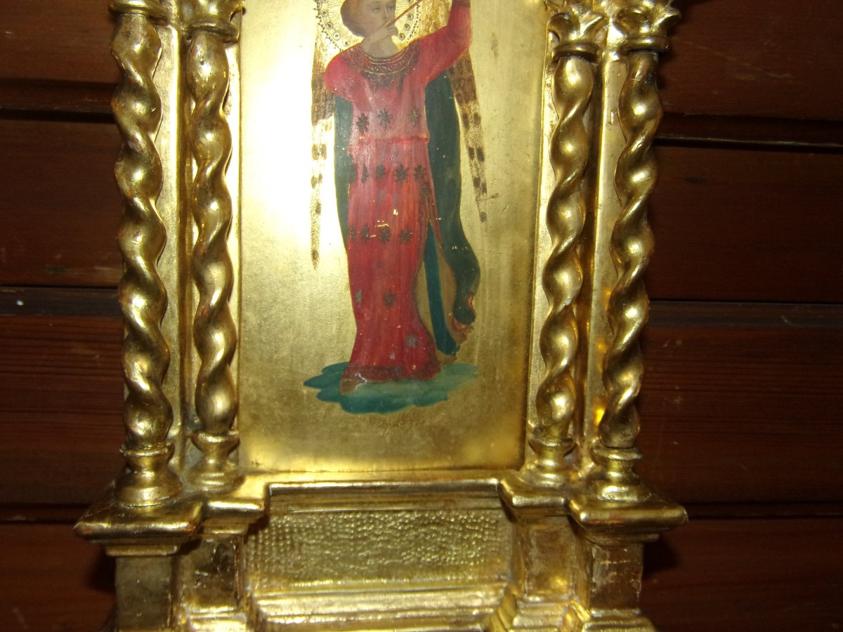 Little Angel Playing The Trumpet, Painting On Wood In A Gilded Frame, 19th Century.-photo-1