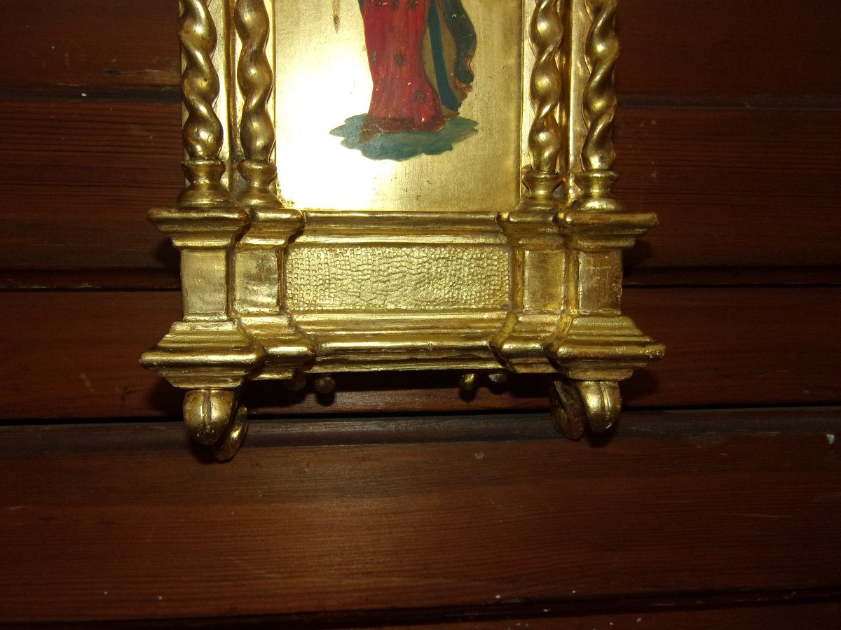 Little Angel Playing The Trumpet, Painting On Wood In A Gilded Frame, 19th Century.-photo-3
