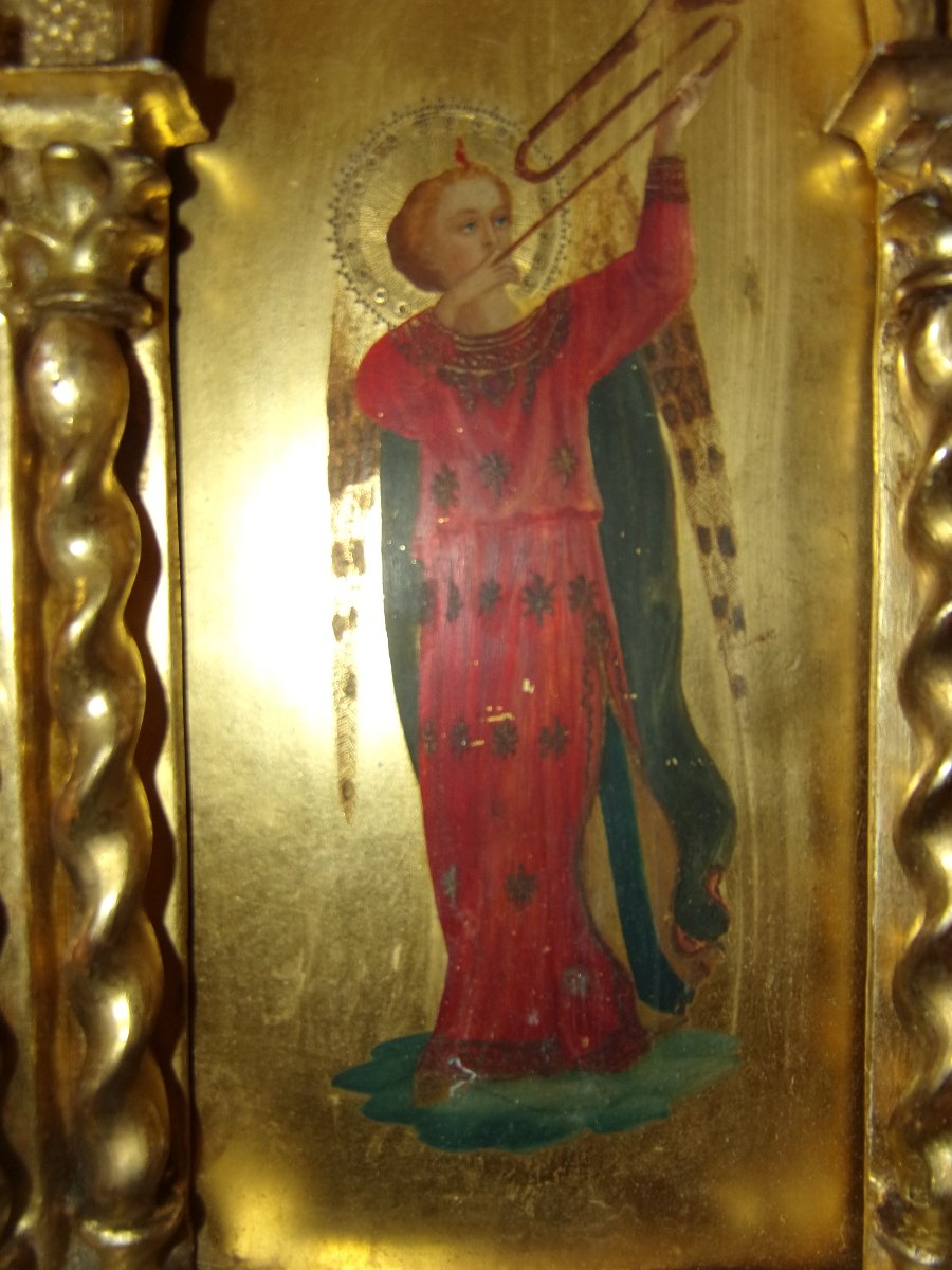 Little Angel Playing The Trumpet, Painting On Wood In A Gilded Frame, 19th Century.-photo-8