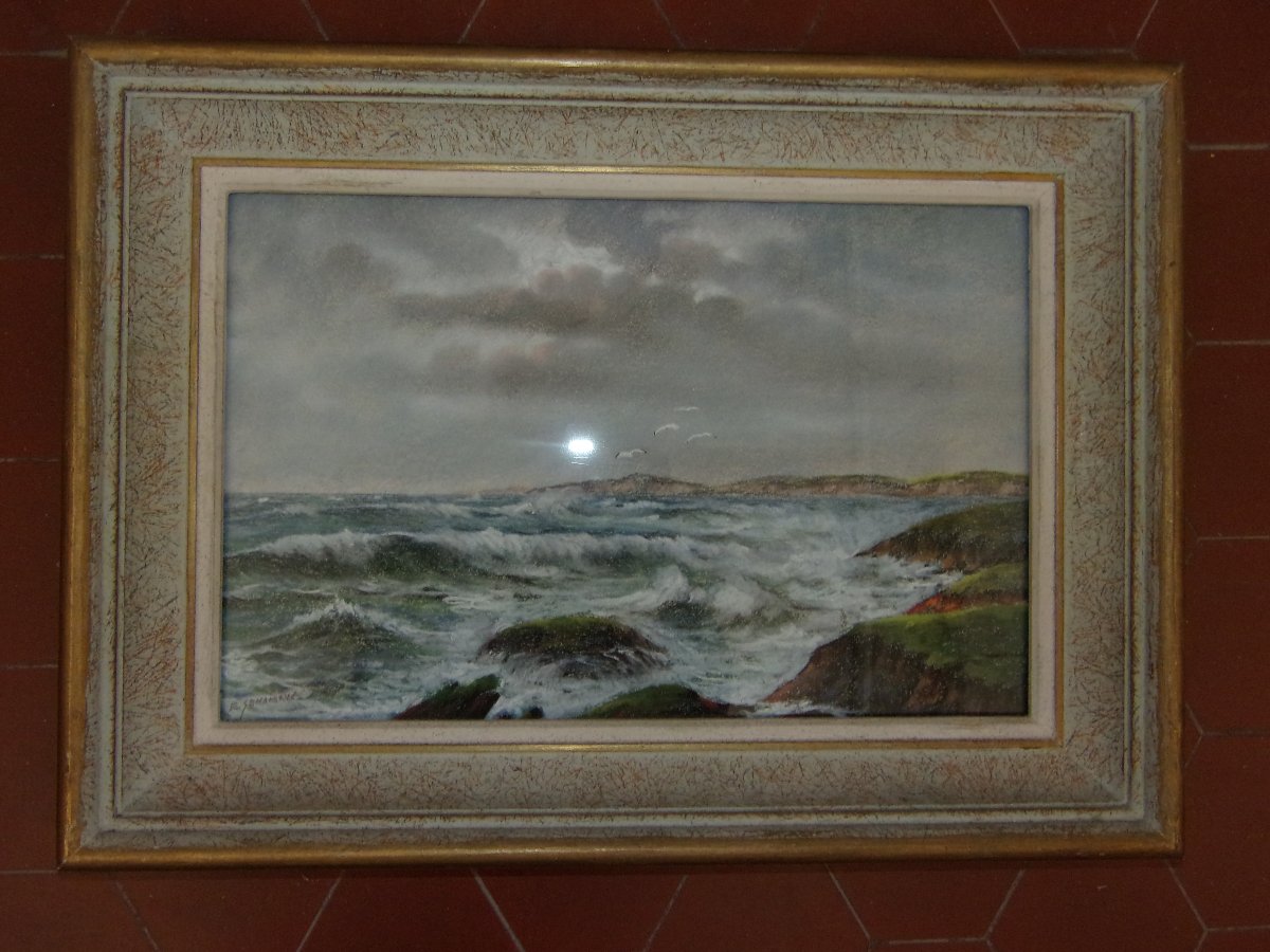 Bord De  l'Océan , Pastel d'Eugène Sénamaux, époque 20 ème.-photo-2