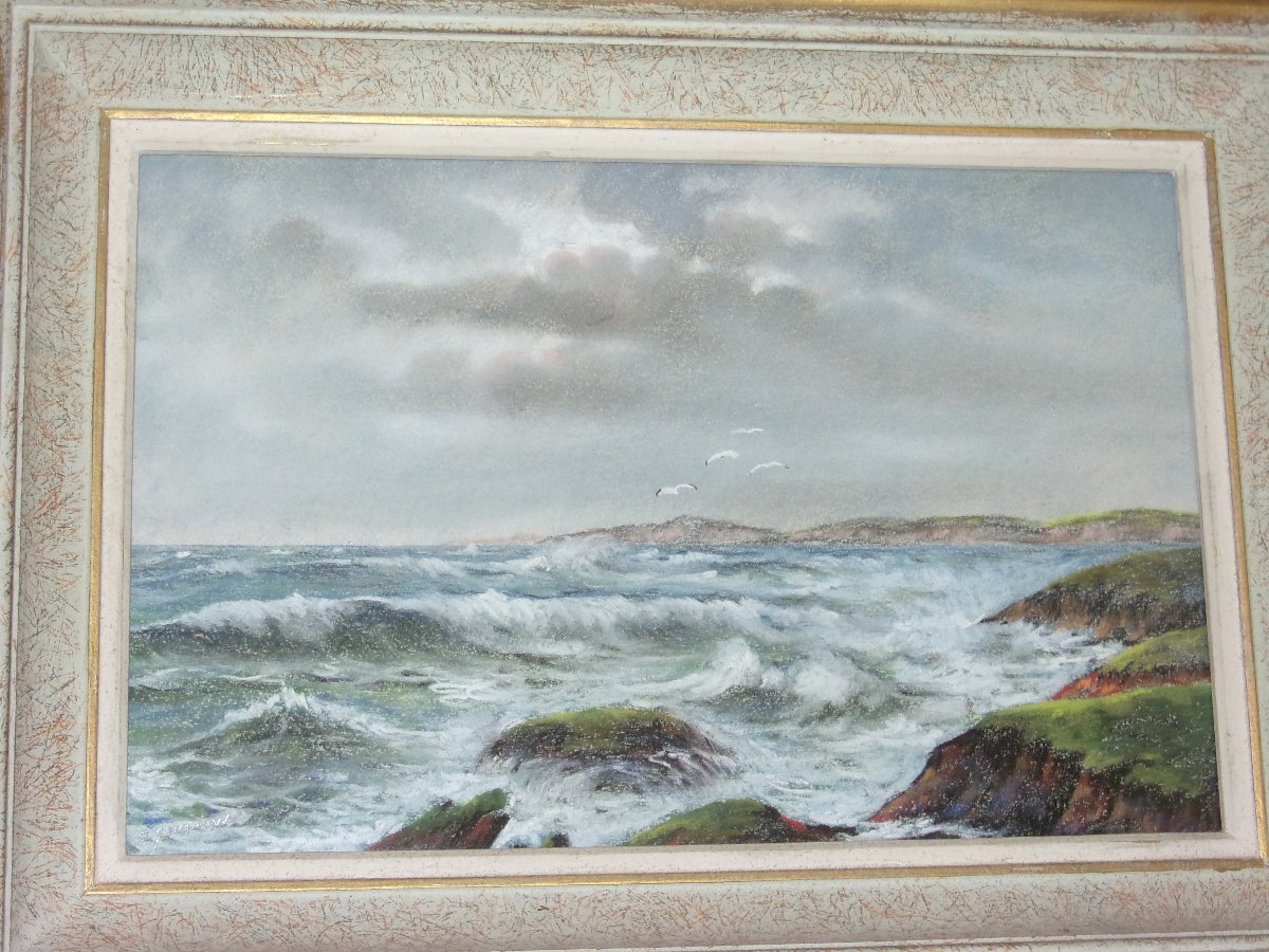 Bord De  l'Océan , Pastel d'Eugène Sénamaux, époque 20 ème.-photo-3