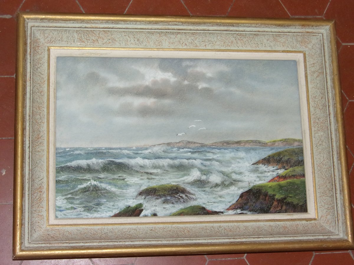 Bord De  l'Océan , Pastel d'Eugène Sénamaux, époque 20 ème.-photo-4