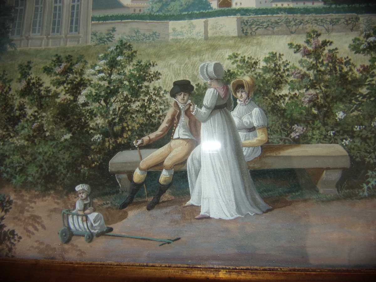 Elégante demeure de campagne, Grande gouache originale époque 19ème, Empire. -photo-2