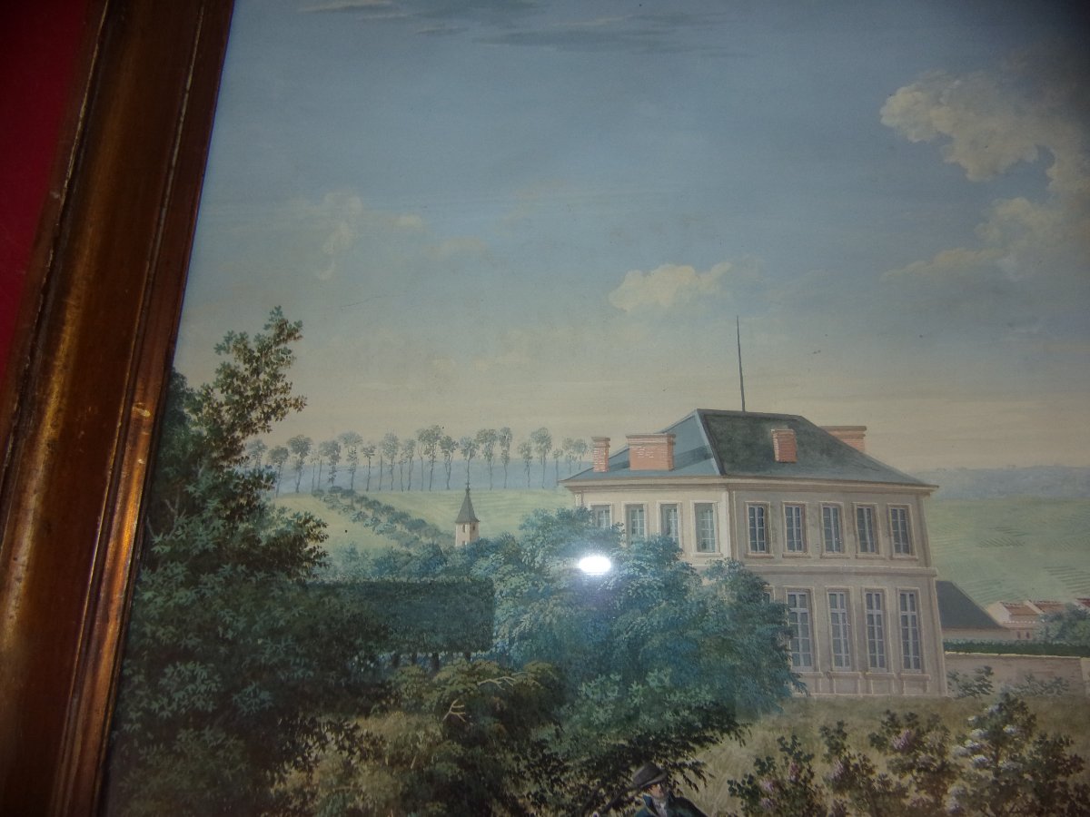 Elégante demeure de campagne, Grande gouache originale époque 19ème, Empire. -photo-1