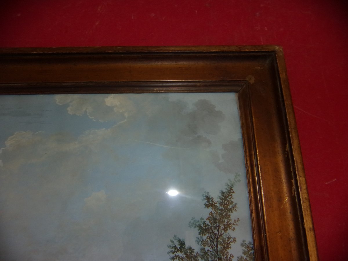 Elégante demeure de campagne, Grande gouache originale époque 19ème, Empire. -photo-2