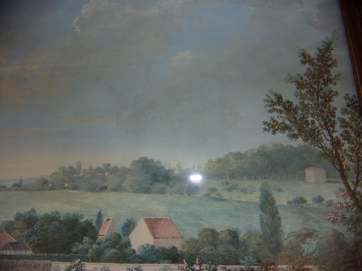 Elégante demeure de campagne, Grande gouache originale époque 19ème, Empire. -photo-3
