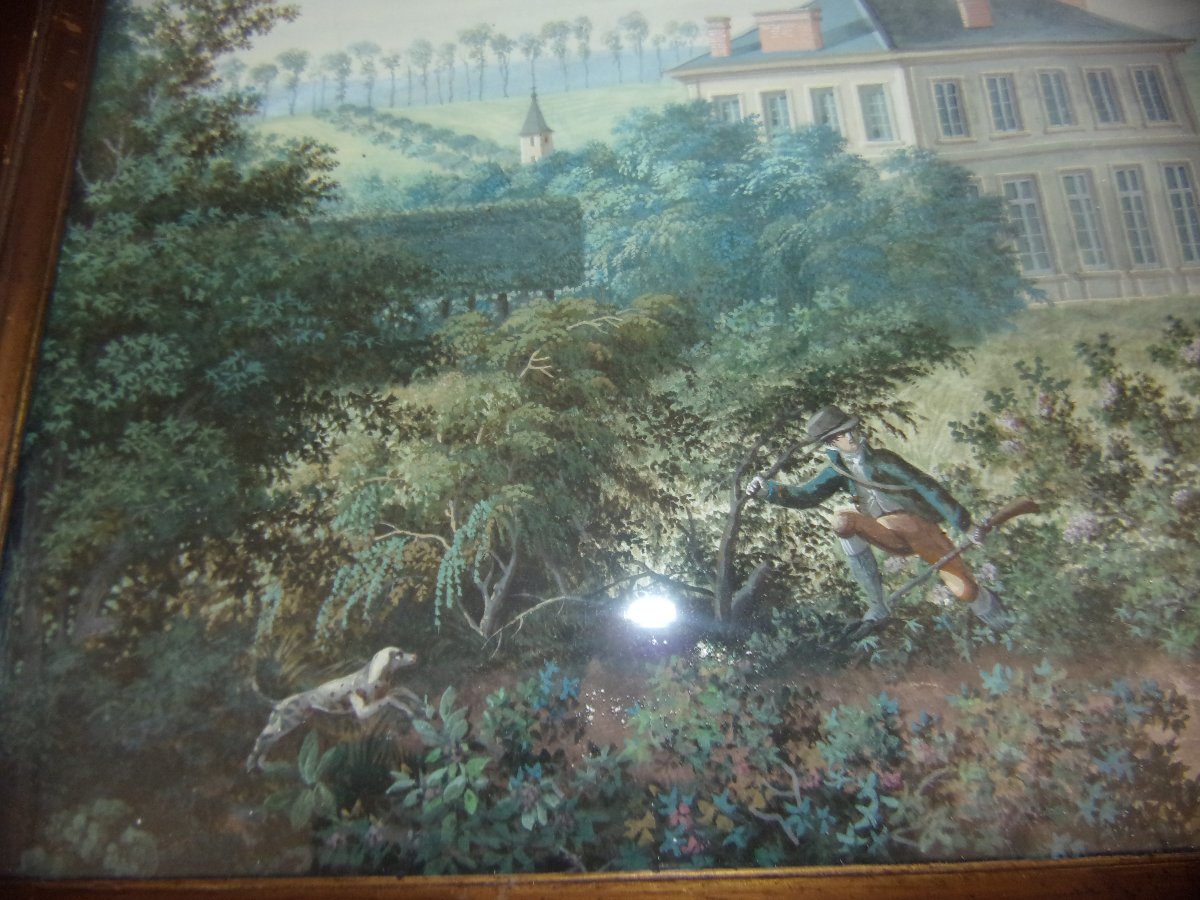 Elégante demeure de campagne, Grande gouache originale époque 19ème, Empire. -photo-5