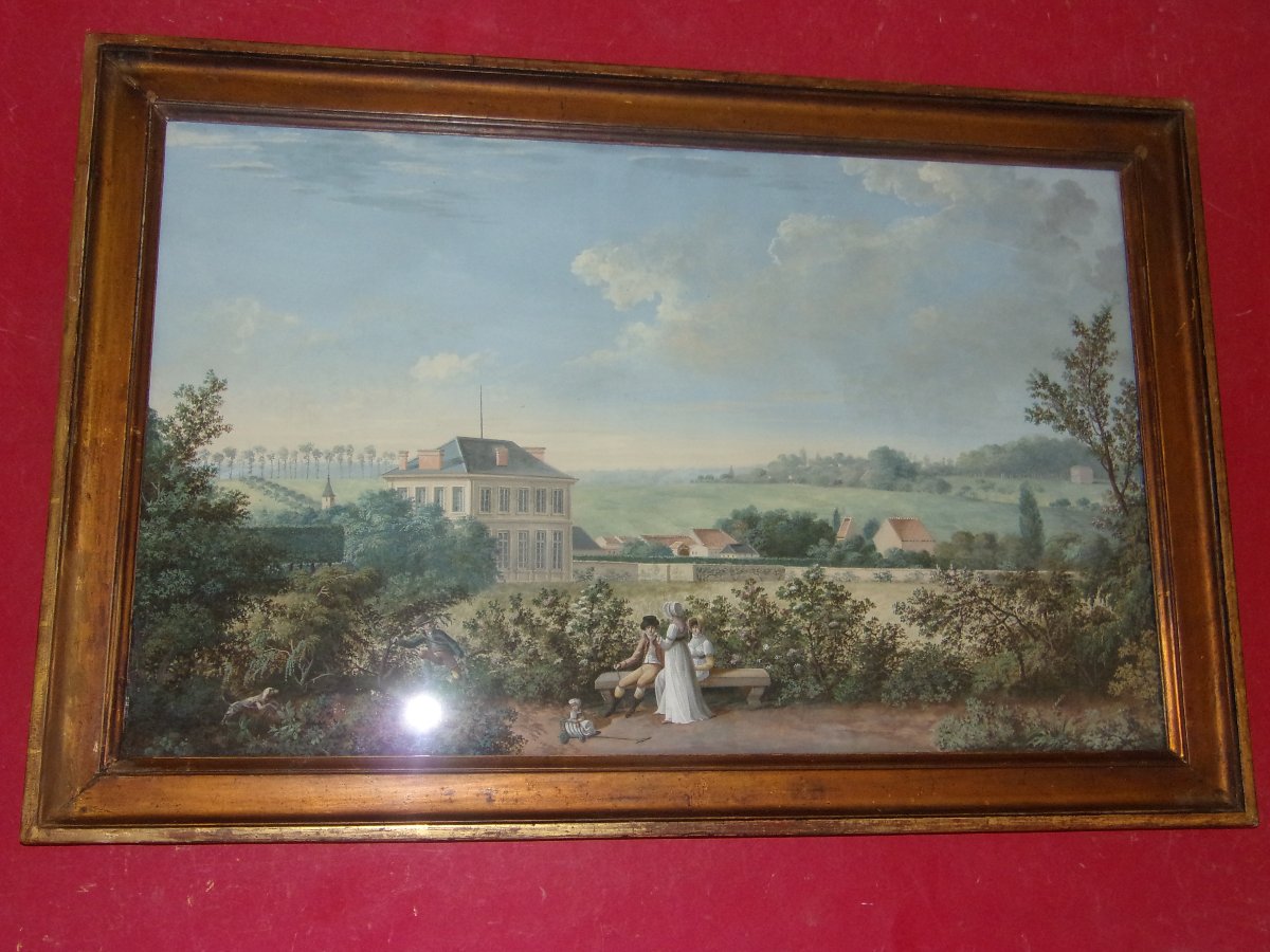 Elégante demeure de campagne, Grande gouache originale époque 19ème, Empire. 