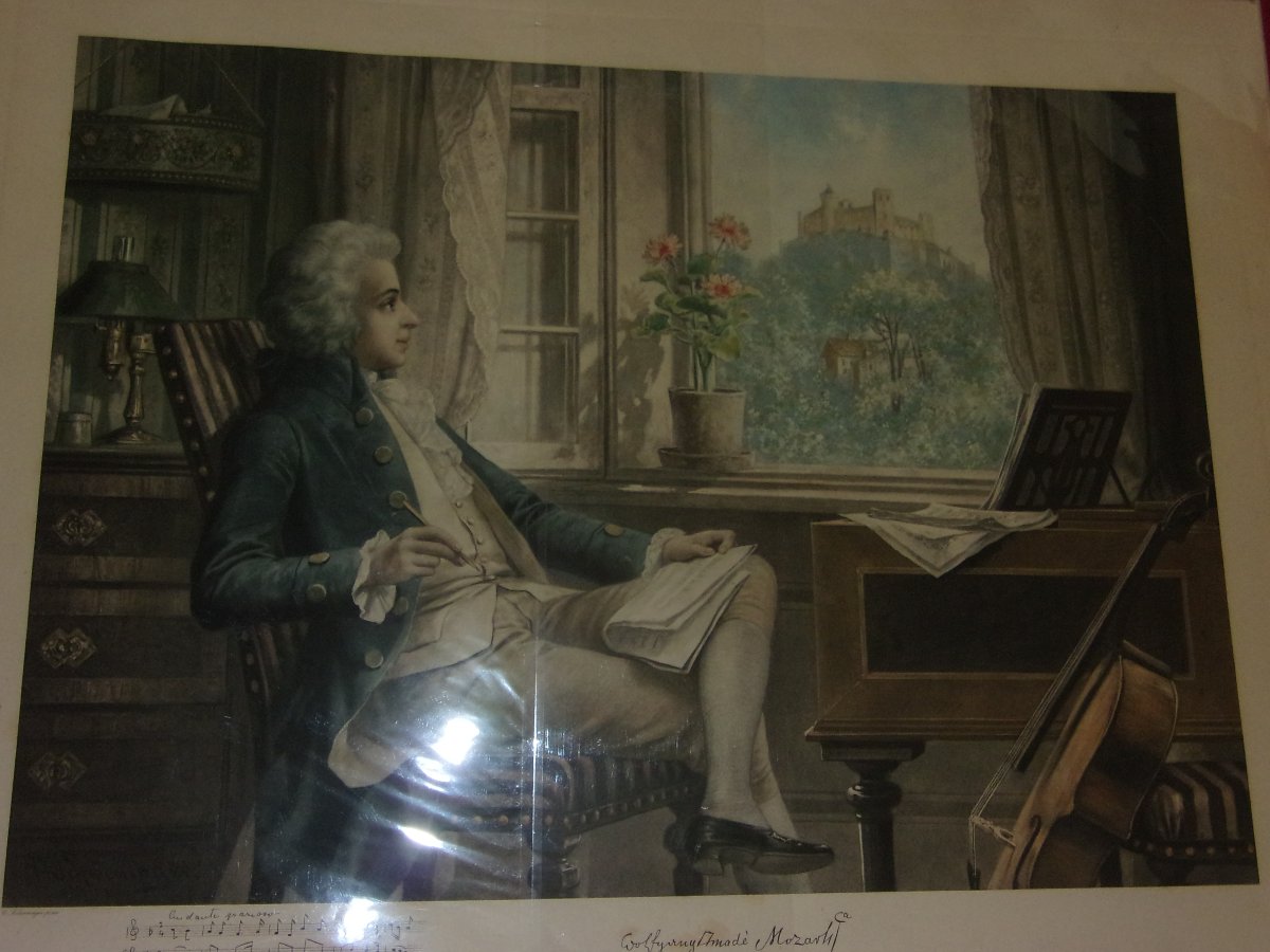 Grande Lithographie - Mozart à Salzbourg dans son  intérieure; époque fin 19ème.-photo-2