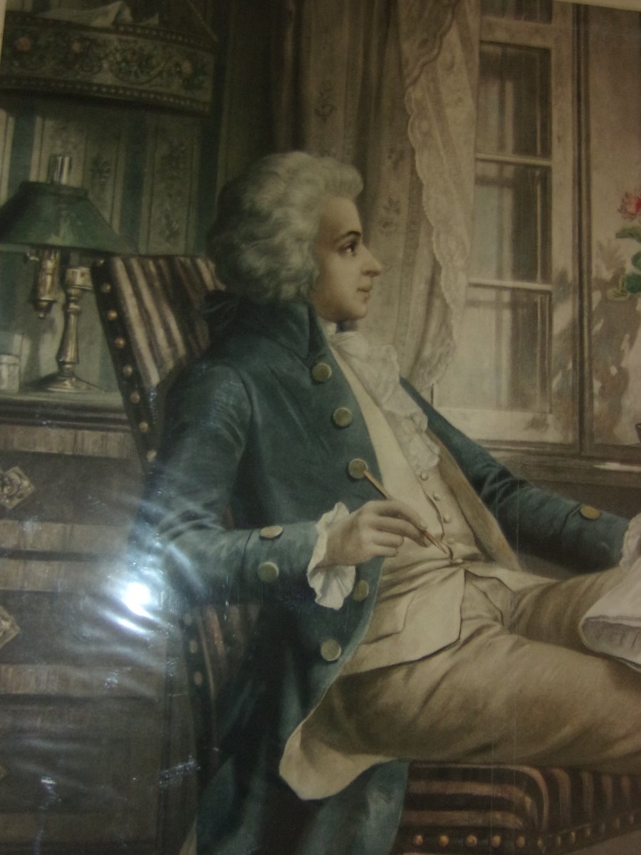 Grande Lithographie - Mozart à Salzbourg dans son  intérieure; époque fin 19ème.-photo-3