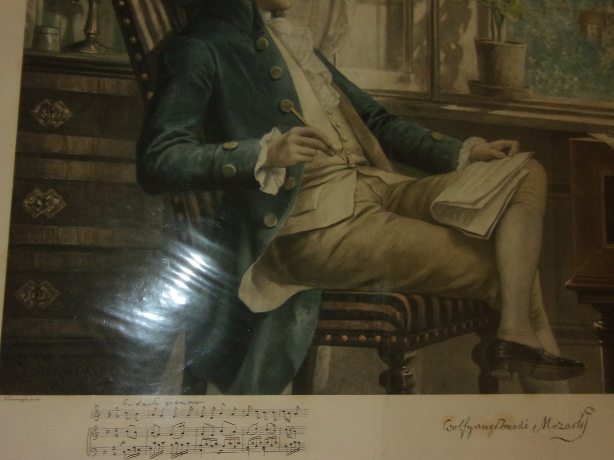 Grande Lithographie - Mozart à Salzbourg dans son  intérieure; époque fin 19ème.-photo-1