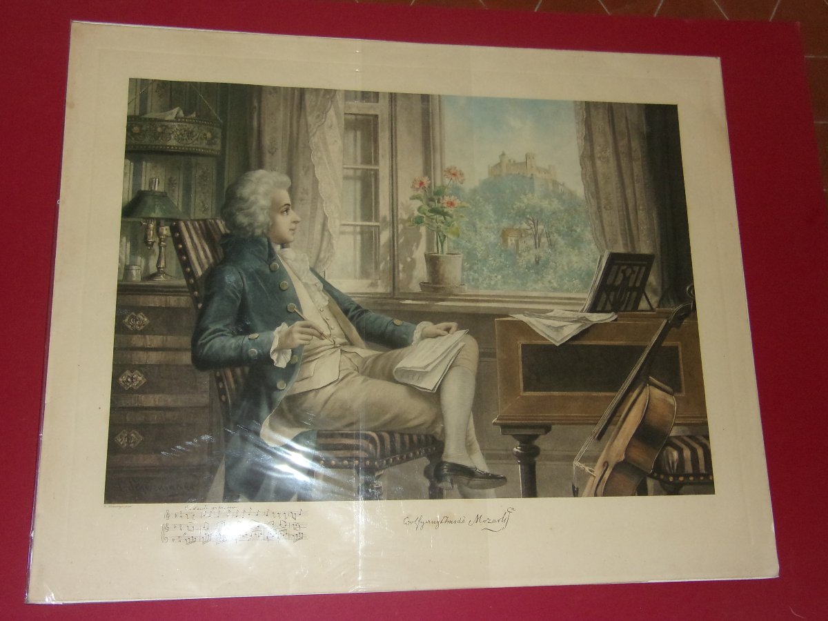 Grande Lithographie - Mozart à Salzbourg dans son  intérieure; époque fin 19ème.