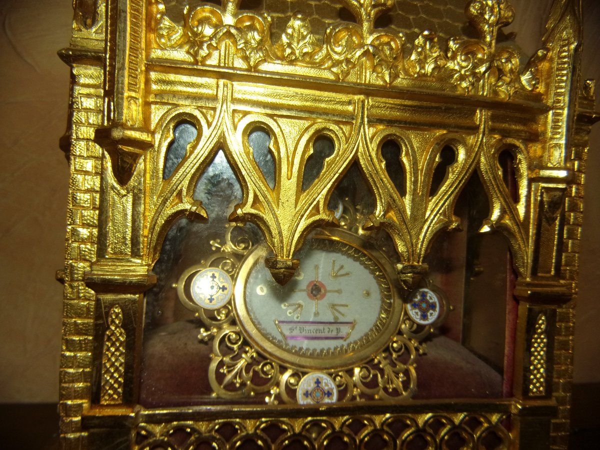  Neo-gothic Reliquary Made Of Gilded Bronze,  Relic Of Saint Vincent De Paul, 19th Century-photo-2