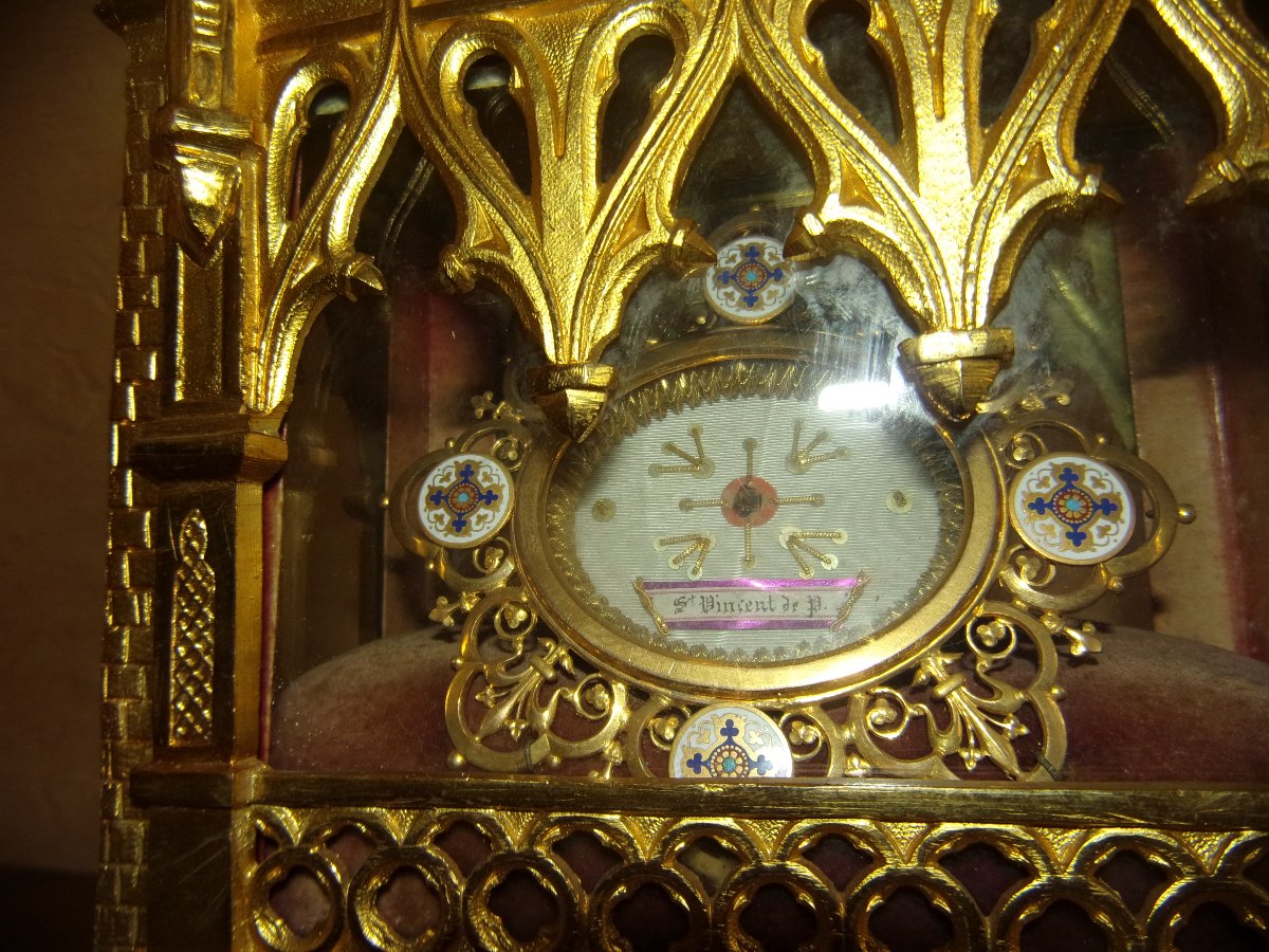  Neo-gothic Reliquary Made Of Gilded Bronze,  Relic Of Saint Vincent De Paul, 19th Century-photo-3