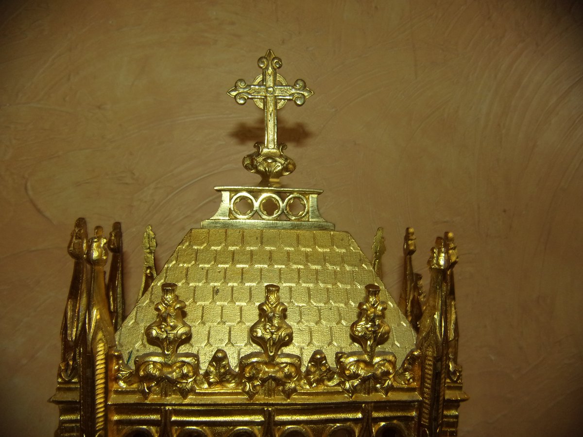  Neo-gothic Reliquary Made Of Gilded Bronze,  Relic Of Saint Vincent De Paul, 19th Century-photo-4