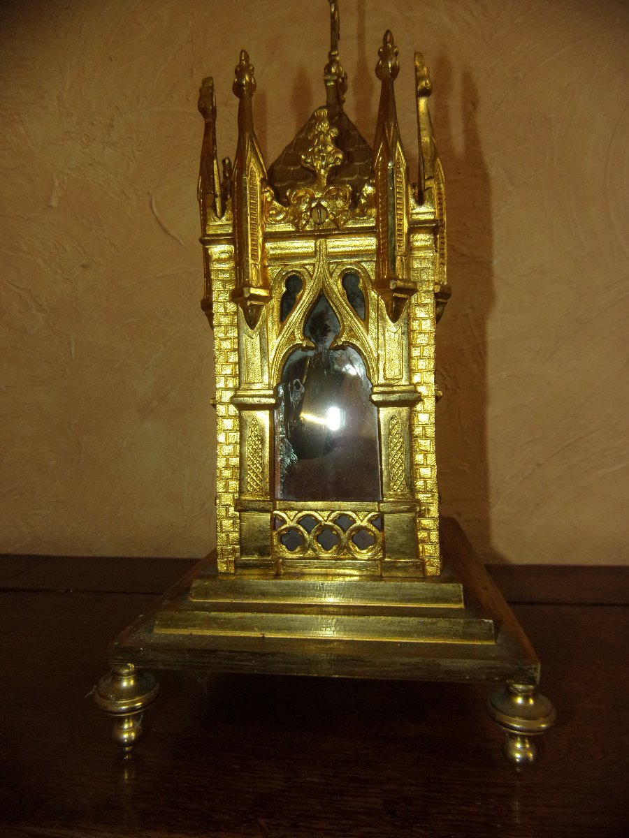  Neo-gothic Reliquary Made Of Gilded Bronze,  Relic Of Saint Vincent De Paul, 19th Century-photo-2