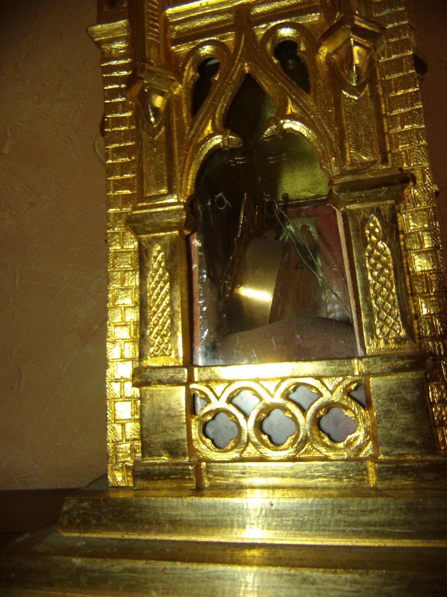  Neo-gothic Reliquary Made Of Gilded Bronze,  Relic Of Saint Vincent De Paul, 19th Century-photo-3