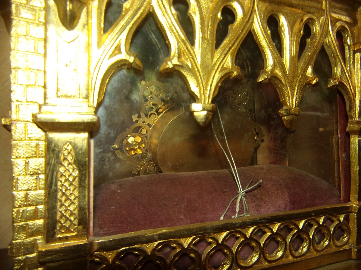  Neo-gothic Reliquary Made Of Gilded Bronze,  Relic Of Saint Vincent De Paul, 19th Century-photo-5