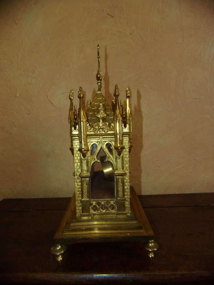  Neo-gothic Reliquary Made Of Gilded Bronze,  Relic Of Saint Vincent De Paul, 19th Century-photo-6