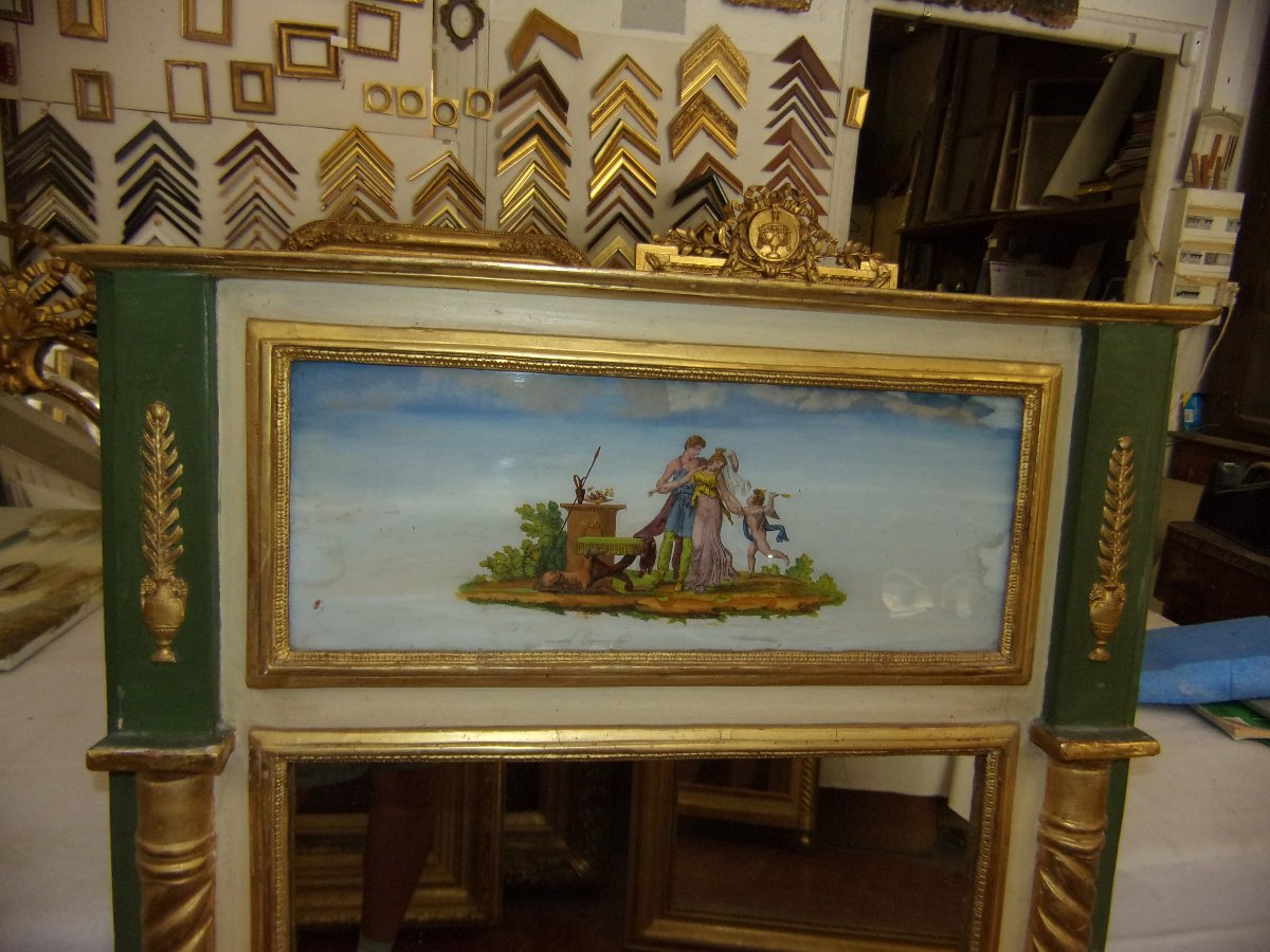 Scène Allégorique, Trumeau en bois doré et peint, époque 19ème.-photo-2
