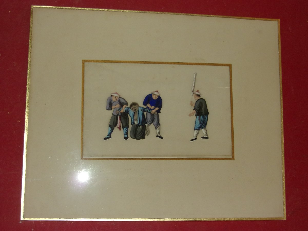 Scène de justice traditionnelle Dessin chinois sur papier de riz , époque 19 ème.-photo-2