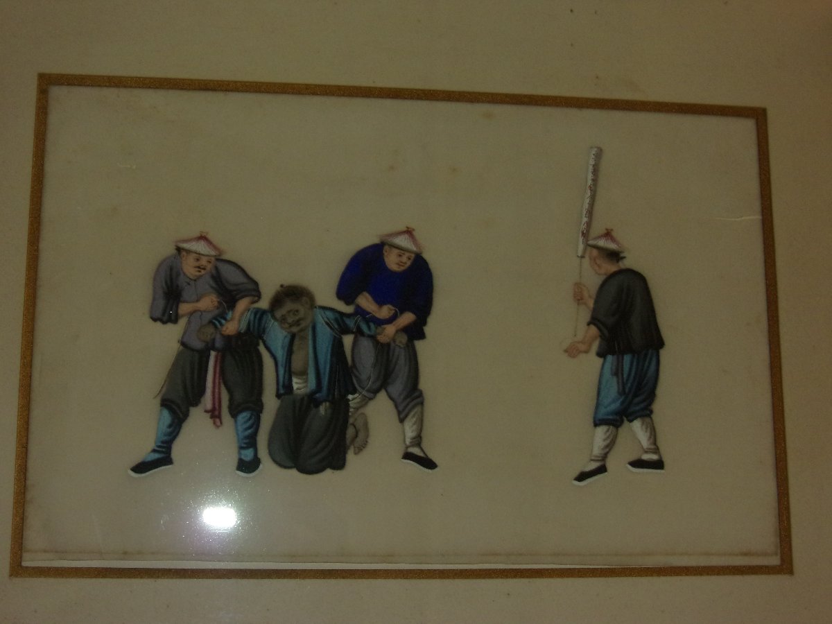 Scène de justice traditionnelle Dessin chinois sur papier de riz , époque 19 ème.-photo-3