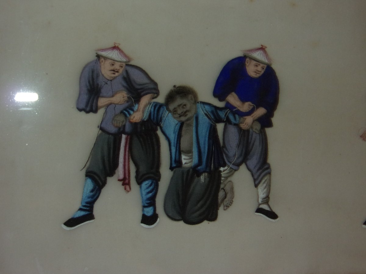 Scène de justice traditionnelle Dessin chinois sur papier de riz , époque 19 ème.-photo-4