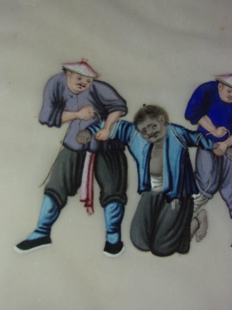 Scène de justice traditionnelle Dessin chinois sur papier de riz , époque 19 ème.-photo-1