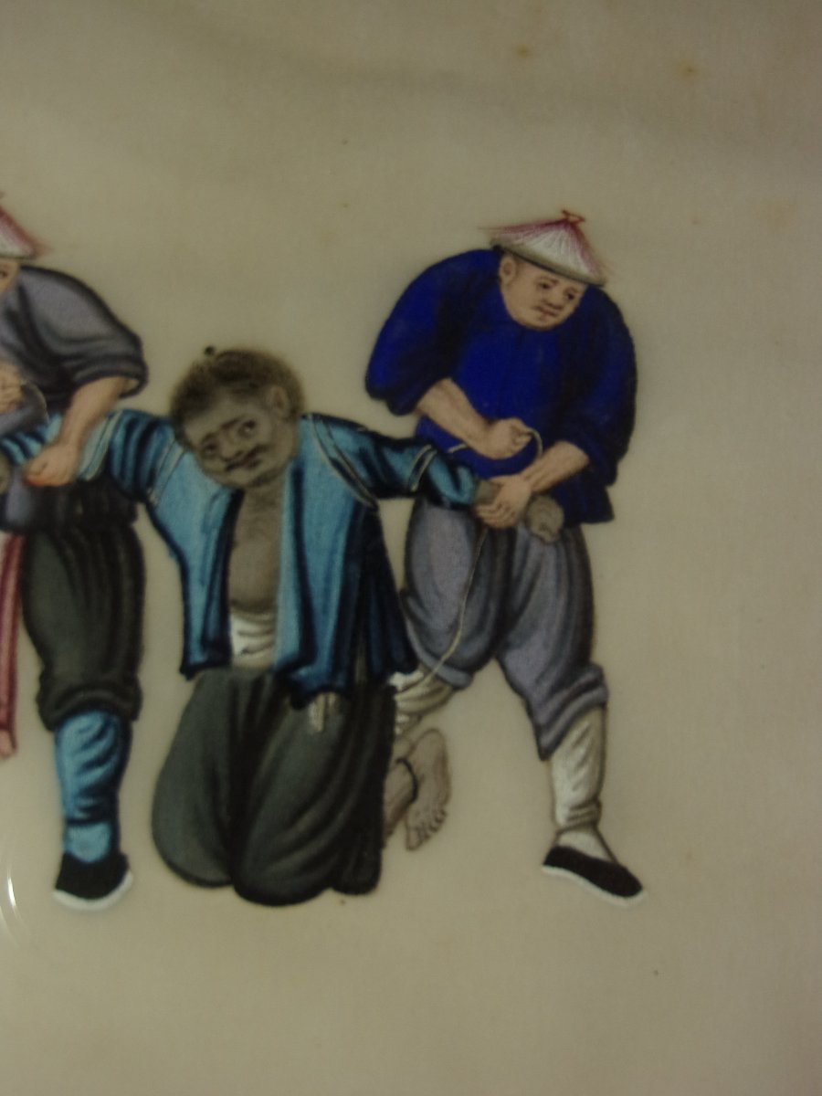 Scène de justice traditionnelle Dessin chinois sur papier de riz , époque 19 ème.-photo-2