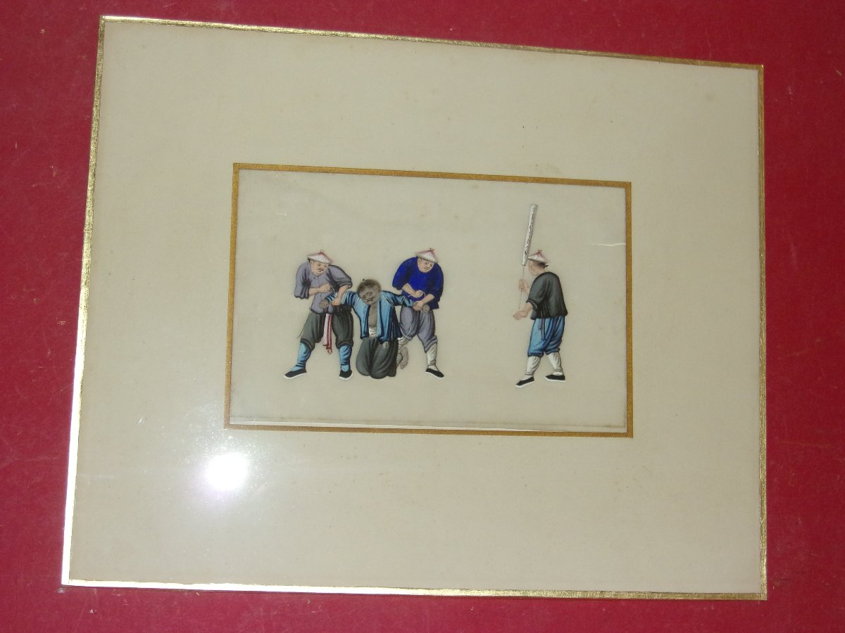 Scène de justice traditionnelle Dessin chinois sur papier de riz , époque 19 ème.