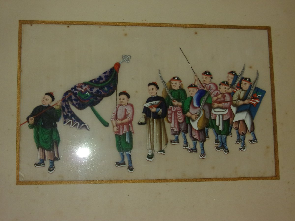 Procession Of Warriors, Chinese Drawing On Rice Paper, 19th Century.-photo-2