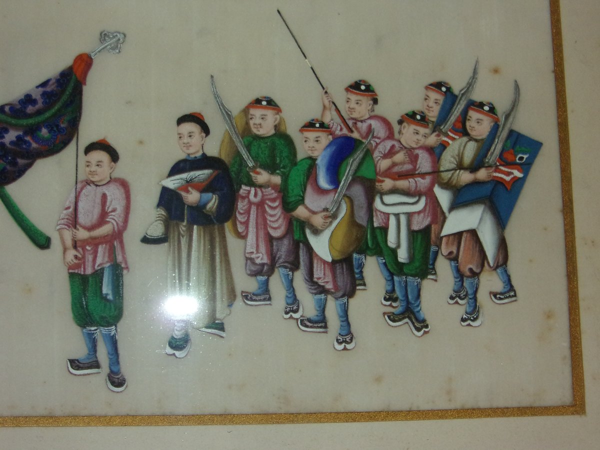 Procession Of Warriors, Chinese Drawing On Rice Paper, 19th Century.-photo-3