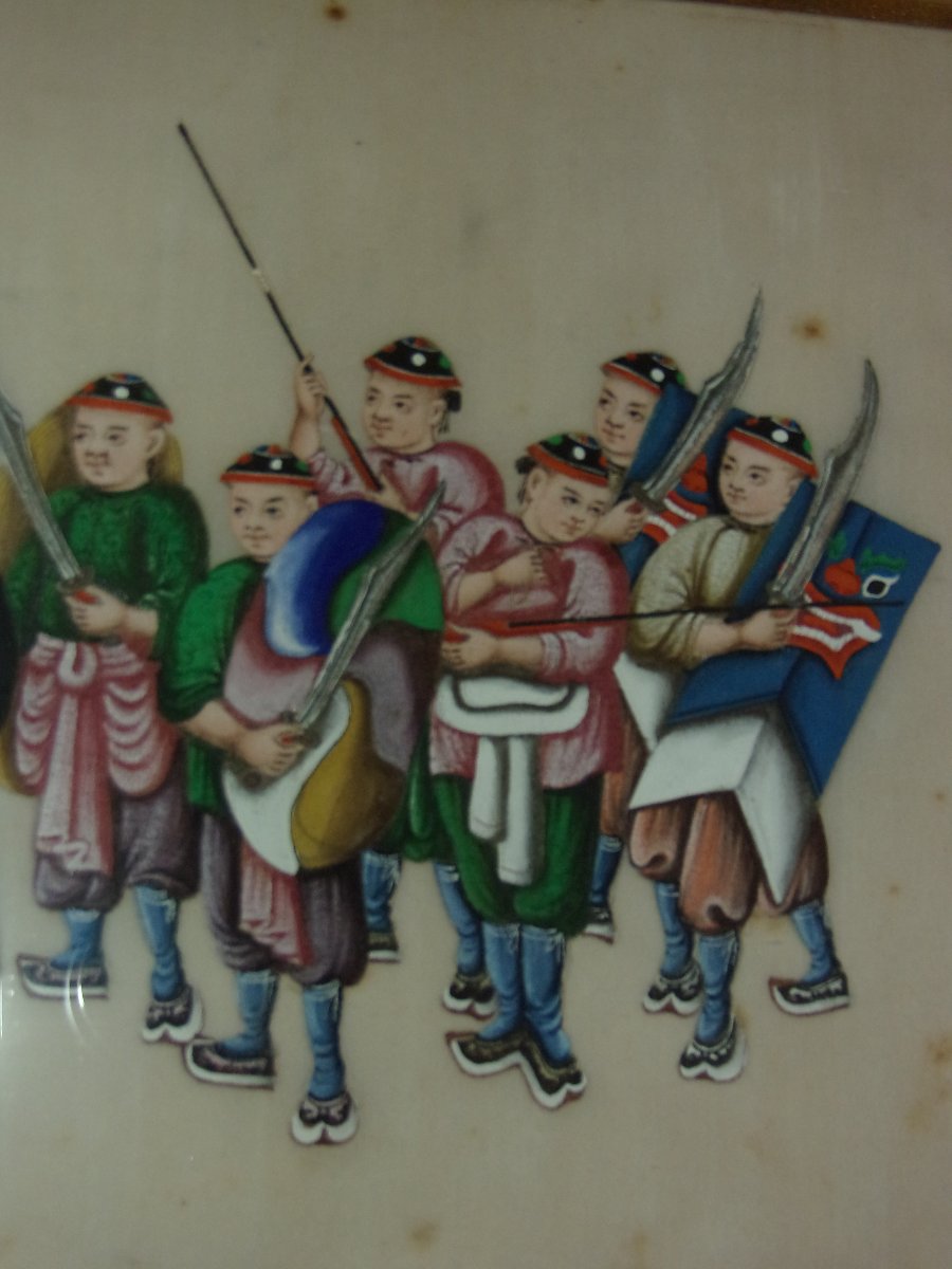 Procession Of Warriors, Chinese Drawing On Rice Paper, 19th Century.-photo-4