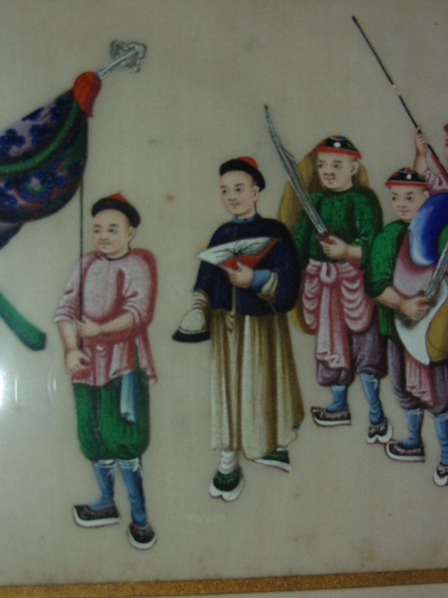 Procession Of Warriors, Chinese Drawing On Rice Paper, 19th Century.-photo-1