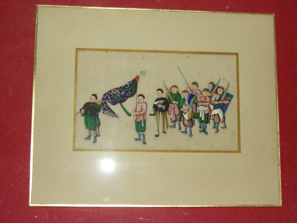 Procession Of Warriors, Chinese Drawing On Rice Paper, 19th Century.