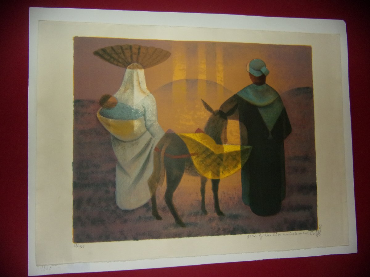 Louis Toffoli – Couple avec un âne – Lithographie originale signée,  époque 20 ème.