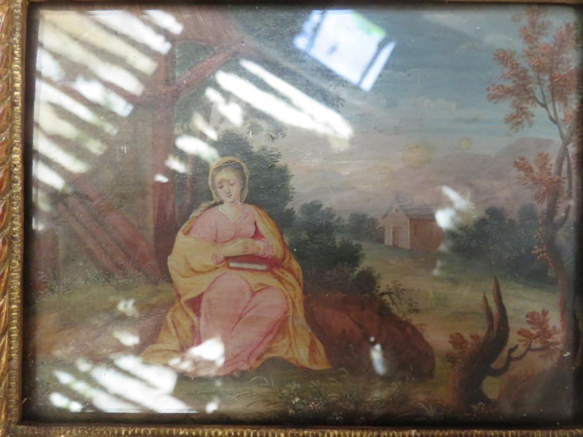 "holy Meditating" Gouache With Frame, 18th Century.-photo-3