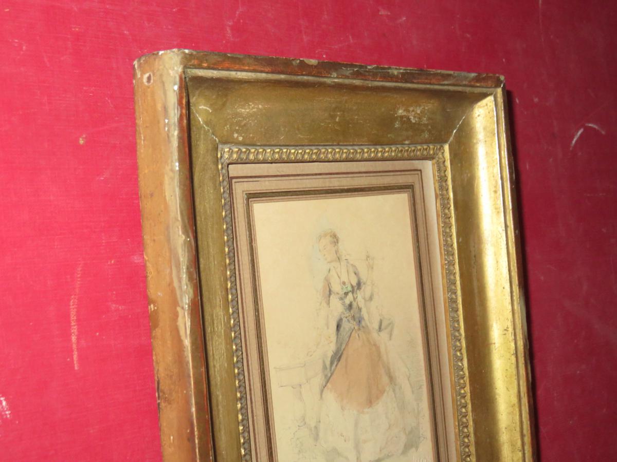 " L'élégante à l'Ombrelle ", Aquarelle Signée, époque 19ème.-photo-5