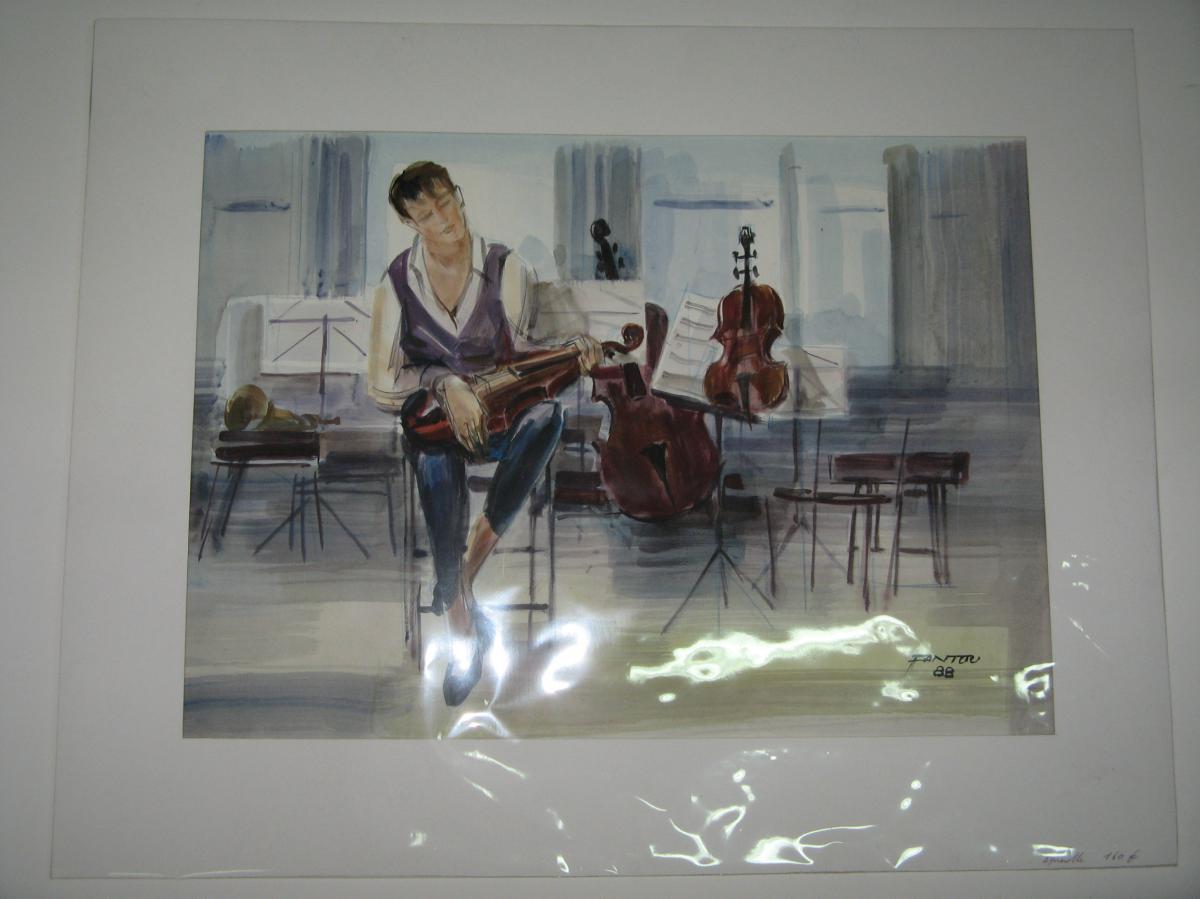 Aquarelle, Musicien, violoniste, époque 20 ème.