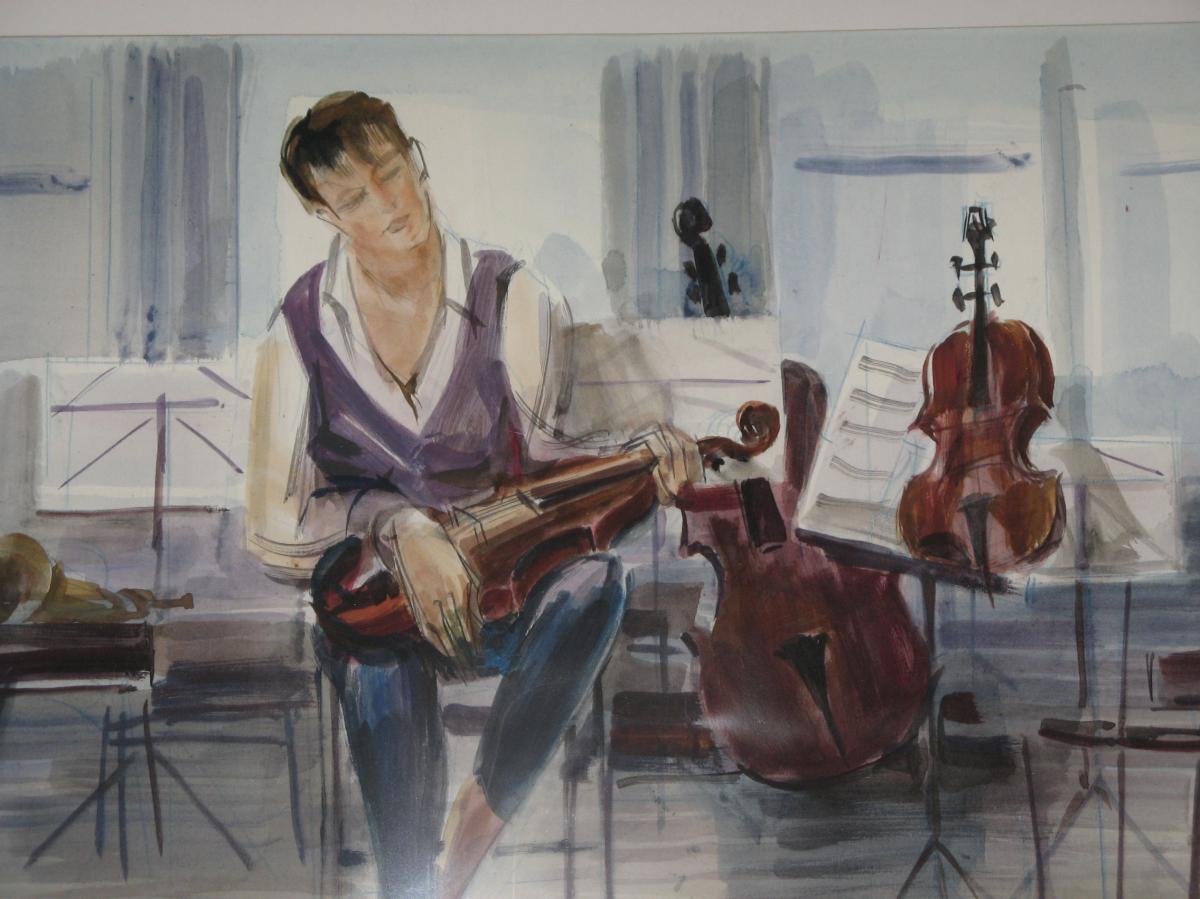 Aquarelle, Musicien, violoniste, époque 20 ème.-photo-2