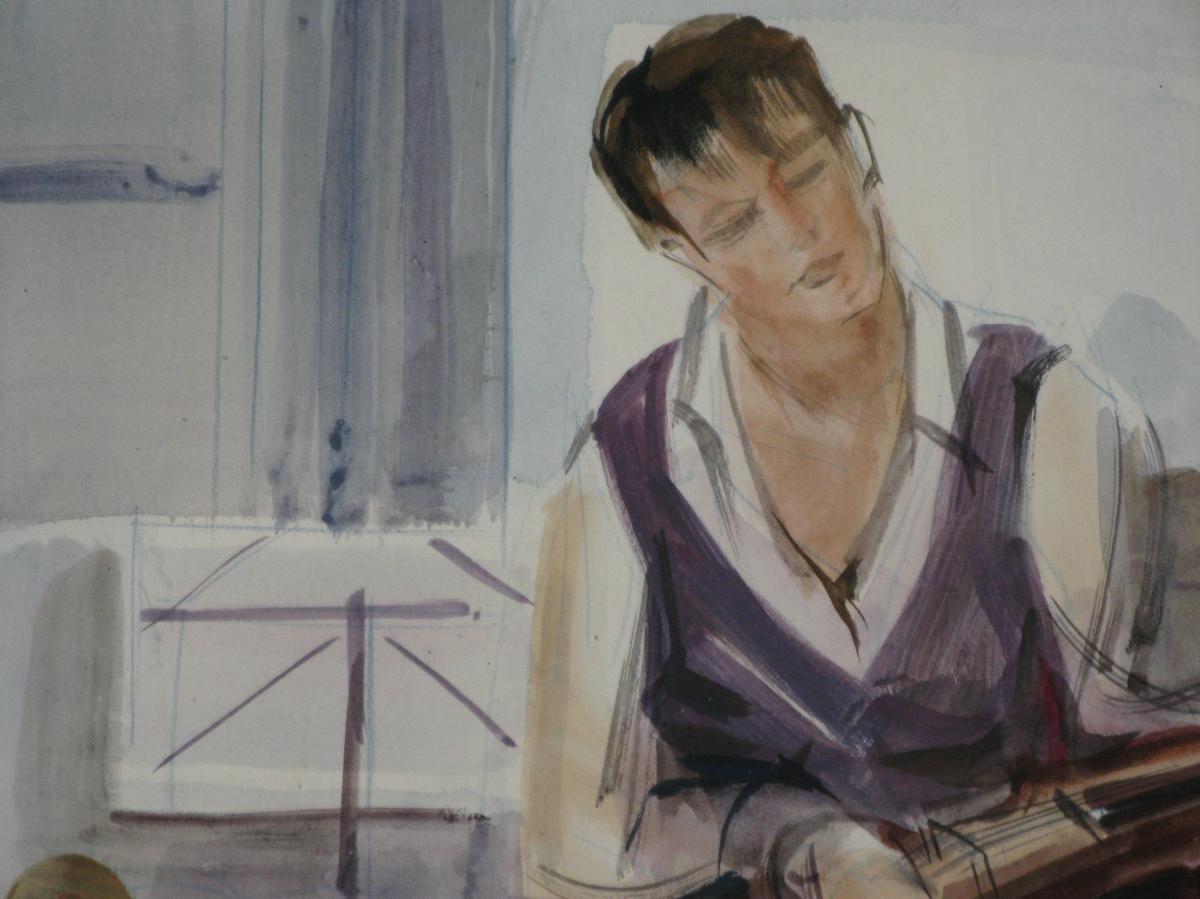 Aquarelle, Musicien, violoniste, époque 20 ème.-photo-3