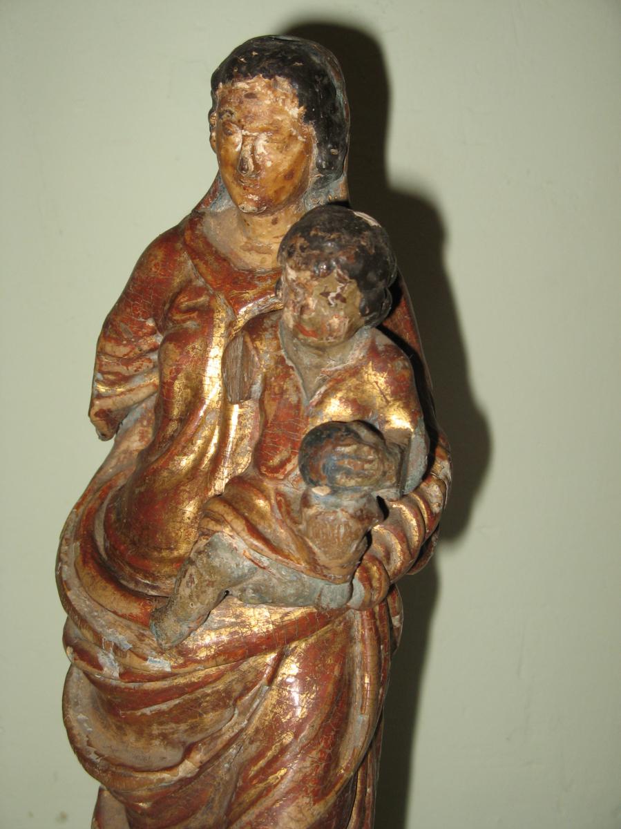 Statue : Vierge à l'Enfant, Bois Sculpté, époque 18ème.-photo-1