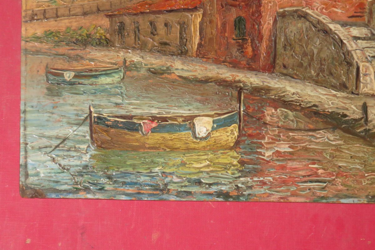Deux barques amarrées à un quai, peinture époque début 20ème.-photo-2