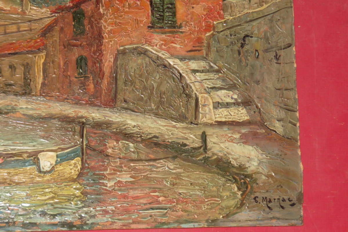 Deux barques amarrées à un quai, peinture époque début 20ème.-photo-3