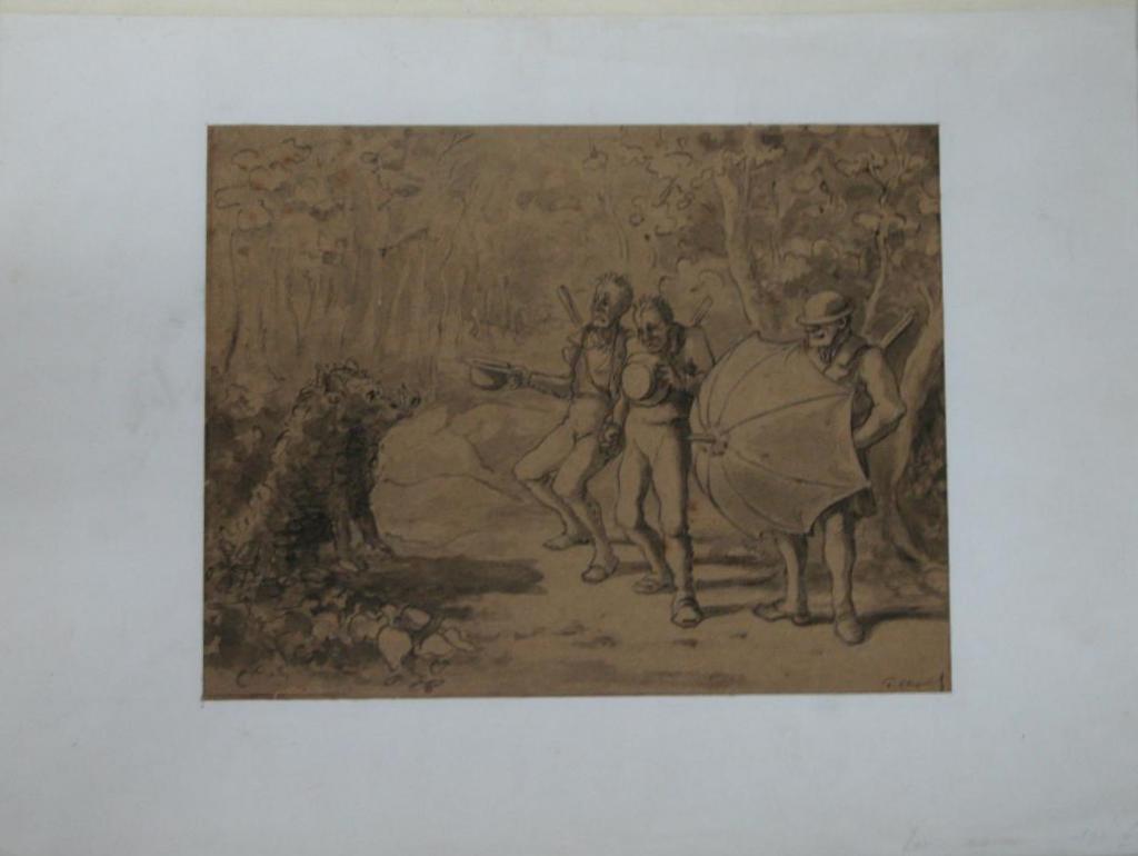 Un Dessin Au Lavis : Carricature De La Chasse, époque 19ème.